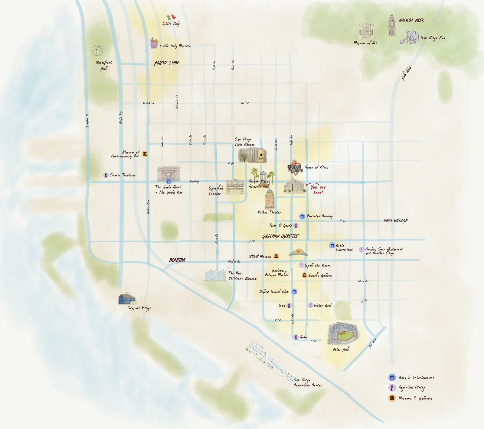 Map of gaslamp quarter in a illustration format